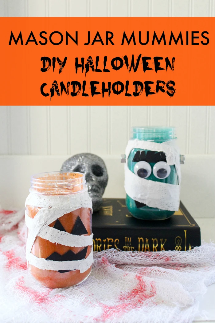 What a fun Halloween craft project!  Use colored sand to fill mason jars and Rigid Wrap plaster cloth to wrap them like mummies!  You'll make adorable DIY Halloween Candleholders in no time!  #halloweencrafts #sandart